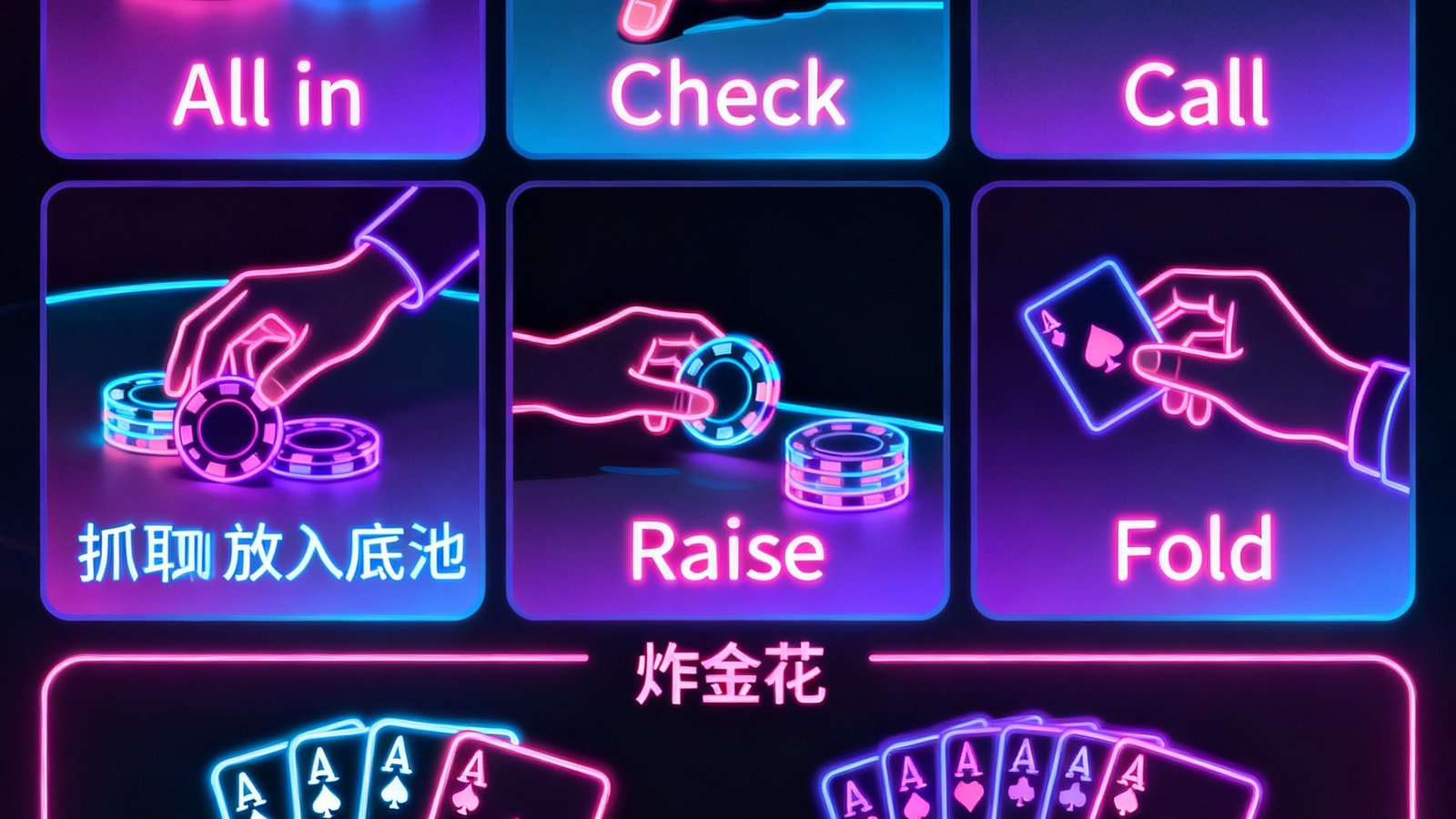 包含All in,Check,Call,Raise,Fold以及炸金花豹子顺金等术语的视觉化图解卡片，霓虹风格